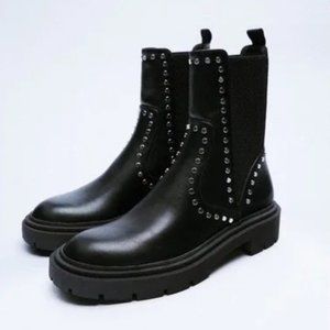 Zara Black Flat Ankle Boots with Studs